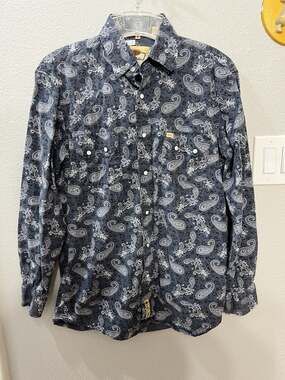 Larry Mahan Western Pearl Snap Long Sleeve Blue Paisley Rodeo Shirt Mens M